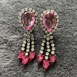 Vintage Silver Tone Costume Pink Glass Stone & Rhinestone Drop Earrings, Clip-On